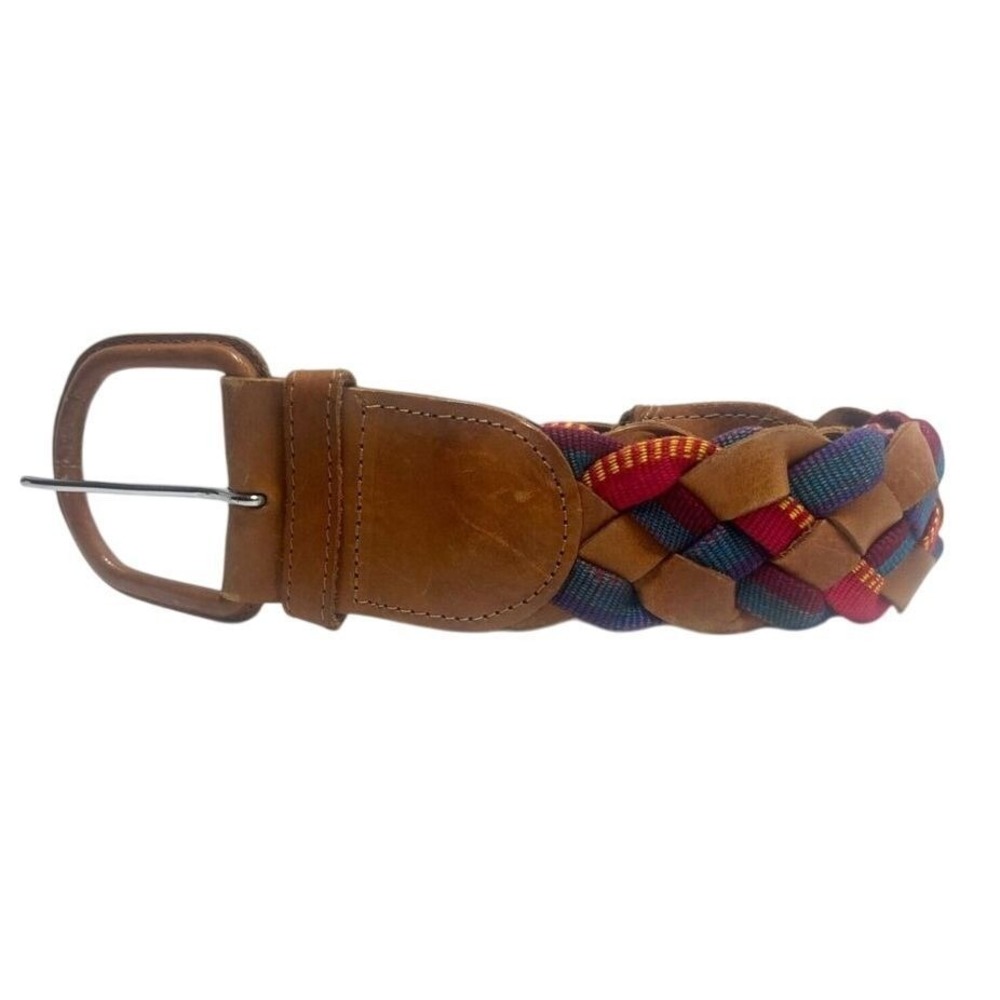 Leather Guatemala Belt Colorful W/ Red Blue Pink & Yellow Woven Strapping Large - Picture 3 of 4